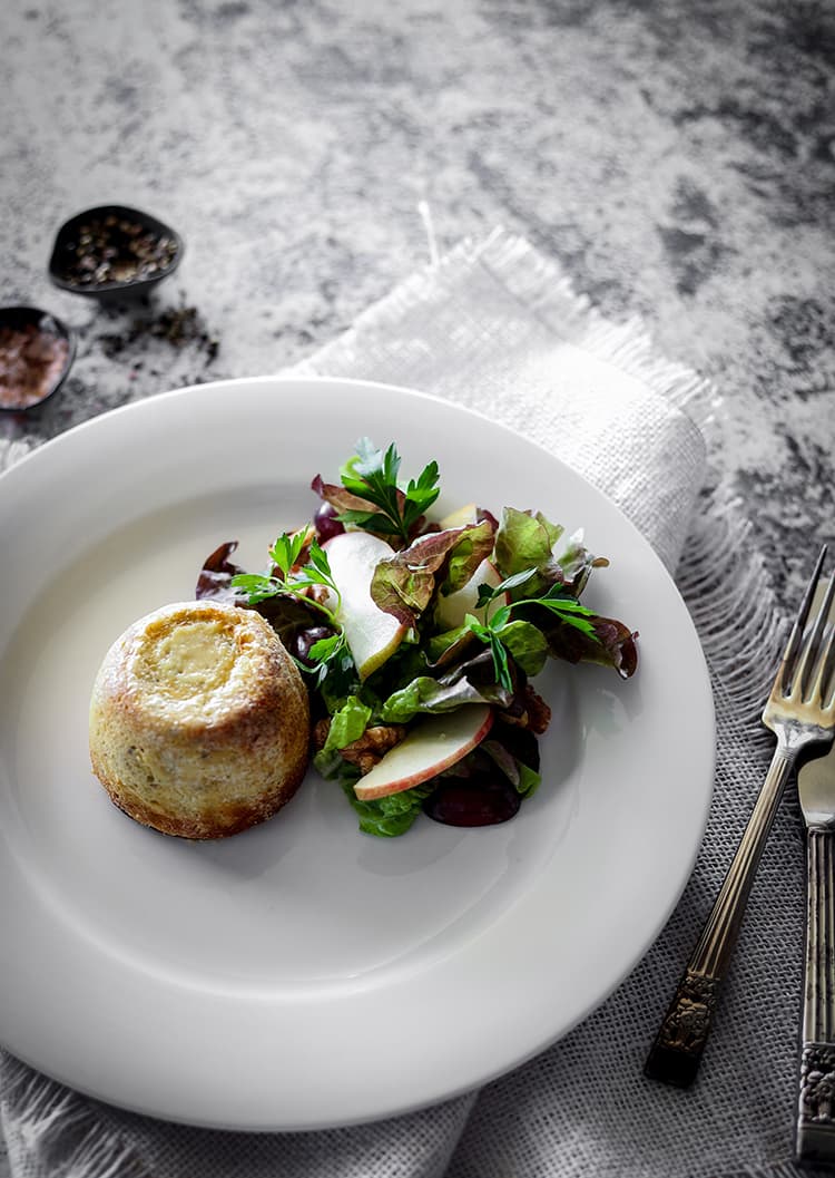 Double Baked Gorgonzola Soufflé, Grape, Apple & Walnut Salad