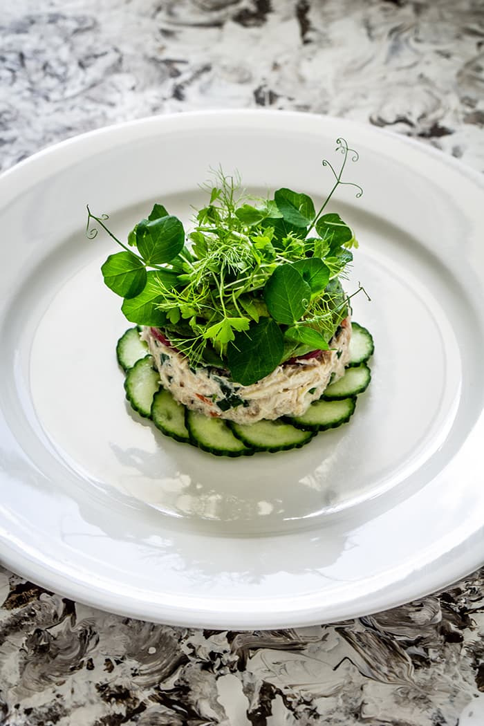 Crab Tian, Cucumber and Wasabi, Avocado Puree