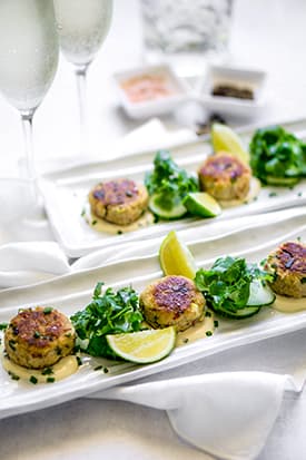 Chilli Crab Cakes, Cucumber and Lime Aioli