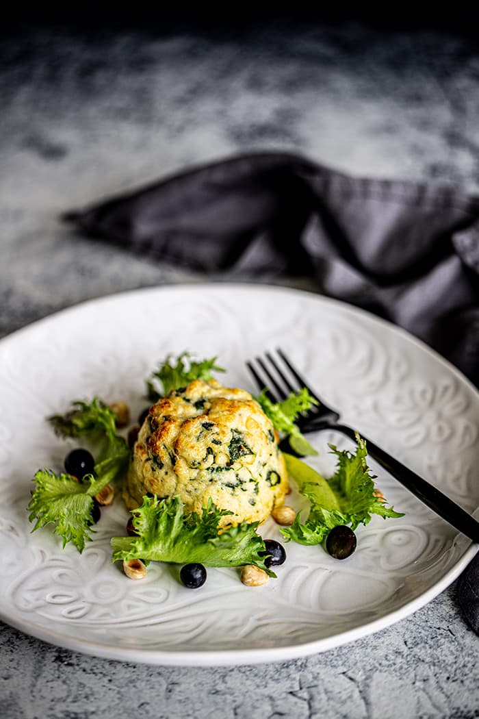 Twice Baked Spinach, Feta Soufflés, Grapes & Roasted Hazelnuts