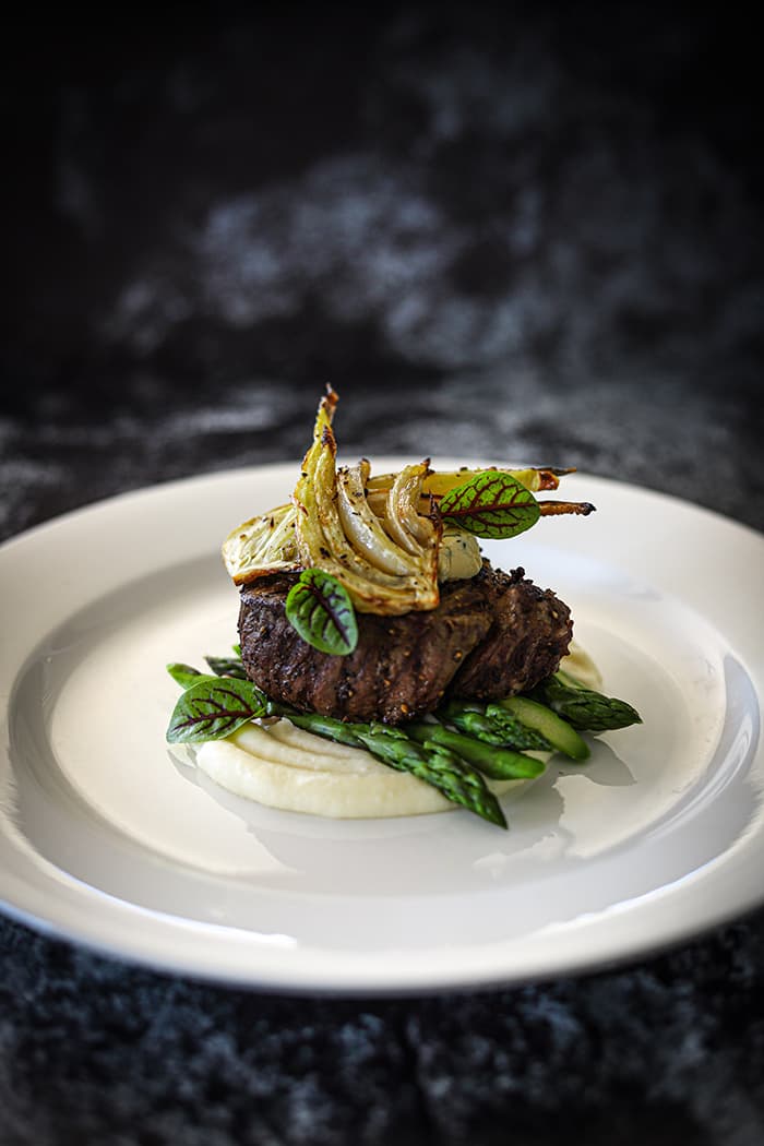 Beef Fillet, Potato Puree, Roasted Fennel, Asparagus, Smoked Garlic & Thyme Butter