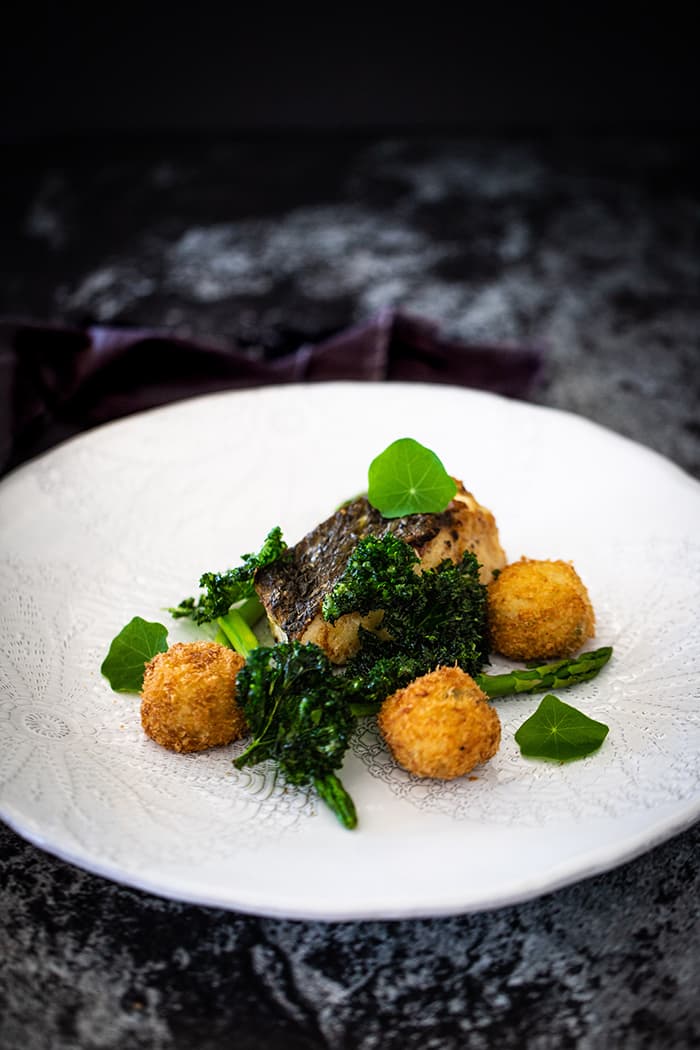 Pan-Roasted Jewfish, Potato, Fennel Croquettes, Kale Leaves, Asparagus & Miso Butter