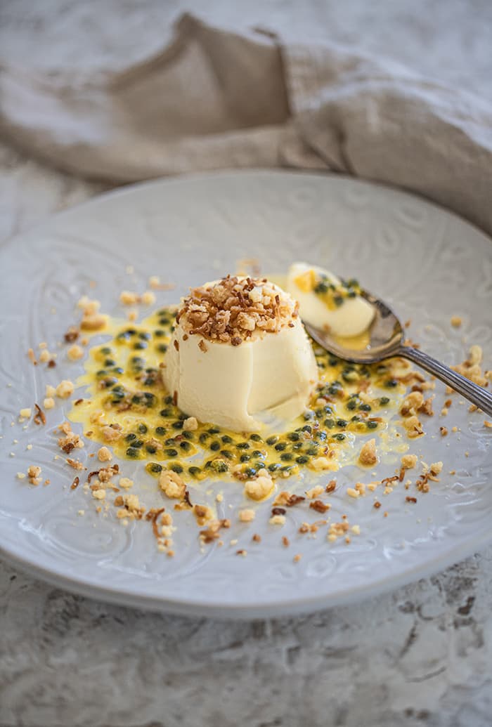 White Chocolate Panna Cotta, Passionfruit & Coconut Crumb