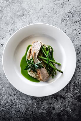 Chicken Breast, Spiced Eggplant Puree, Asparagus & Parsley Oil